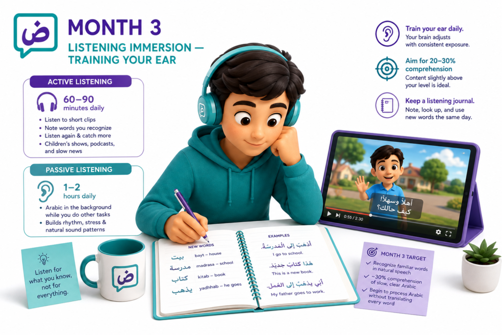 How to Learn Arabic in 6 Months? – A Month-by-Month Plan That Actually Works 4 Month 3: Listening Immersion — Training Your Ear