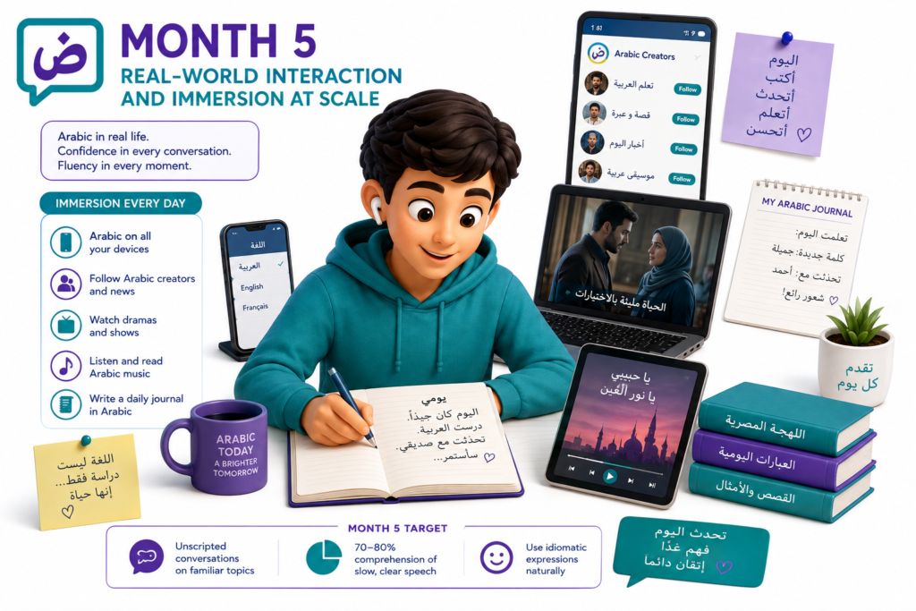 How to Learn Arabic in 6 Months? – A Month-by-Month Plan That Actually Works 6 Month 5: Real-World Interaction and Immersion at Scale
